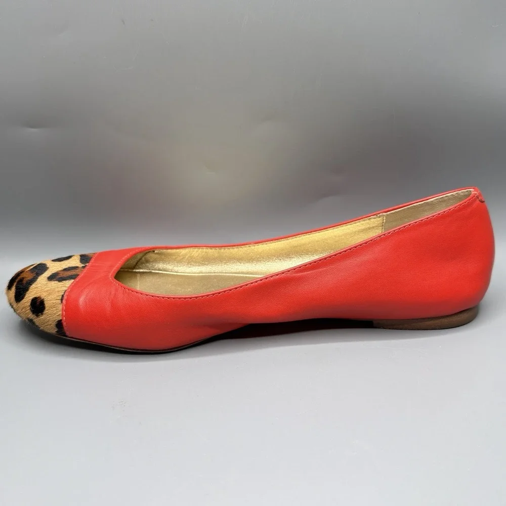 Kate Spade New York Coral Red Leather Cheetah Calf Hair Cap Toe Flats Womens 8.5